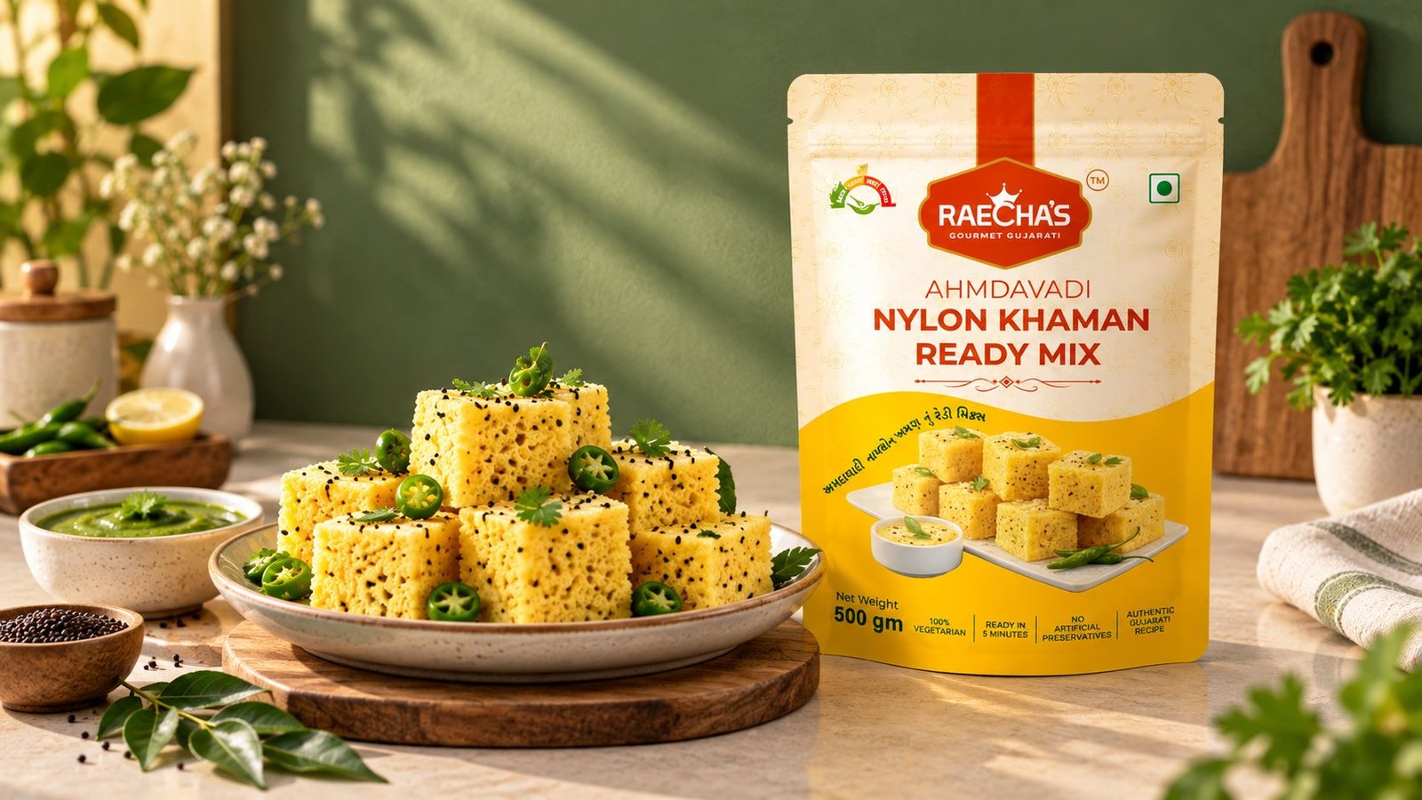 Raecha's Ahmedabadi Nylon Khaman Ready Mix pouch beside a plate of stacked yellow khaman squares with green chilli.