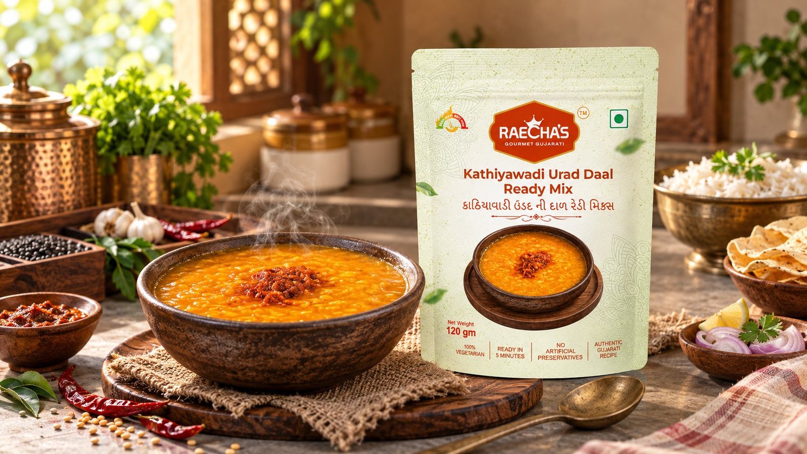 Raecha's Kathiyawadi Urad Daal Ready Mix pouch beside a bowl of daal with rice and papad.