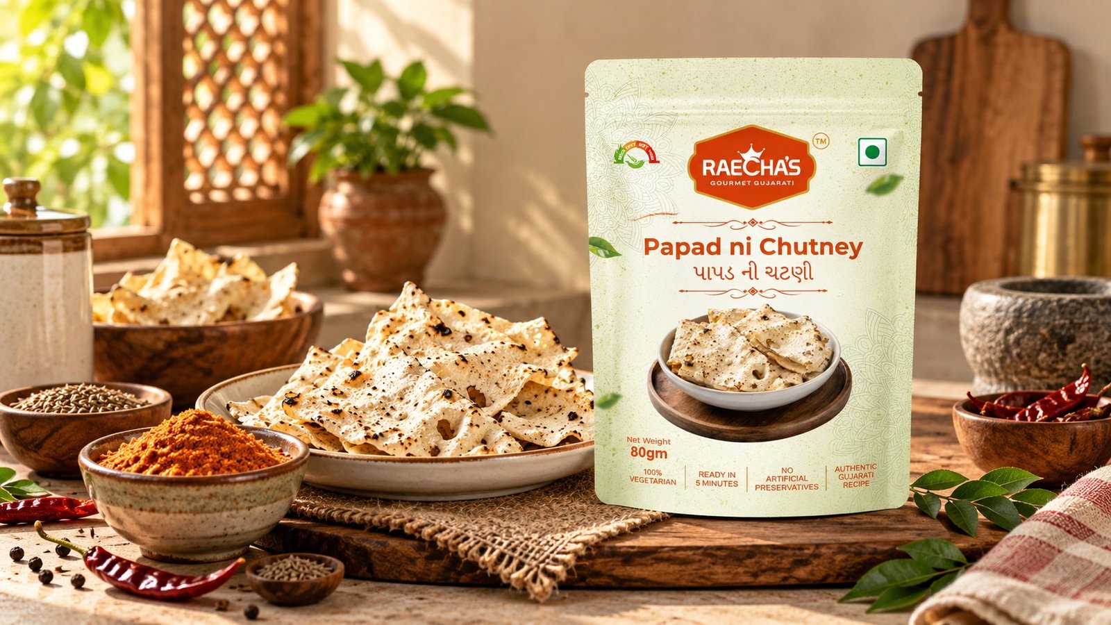 Raecha's Papad ni Chutney pouch beside a plate of papad and a bowl of red chutney powder.