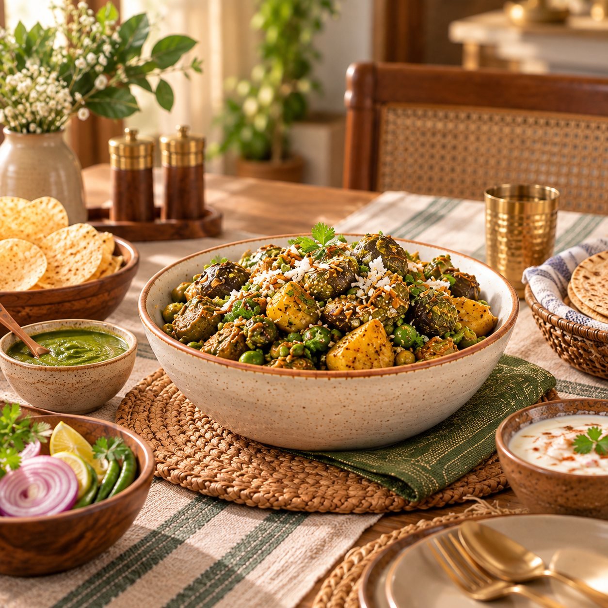 A bowl of Surti undhiyu with aubergine, potato and papdi on a laid table, with papad and green chutney alongside.