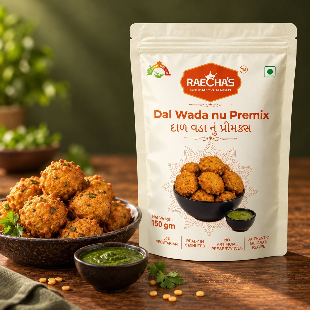 Raecha's Dal Wada nu Premix pouch beside a bowl of fried dal wada and a dish of chutney.