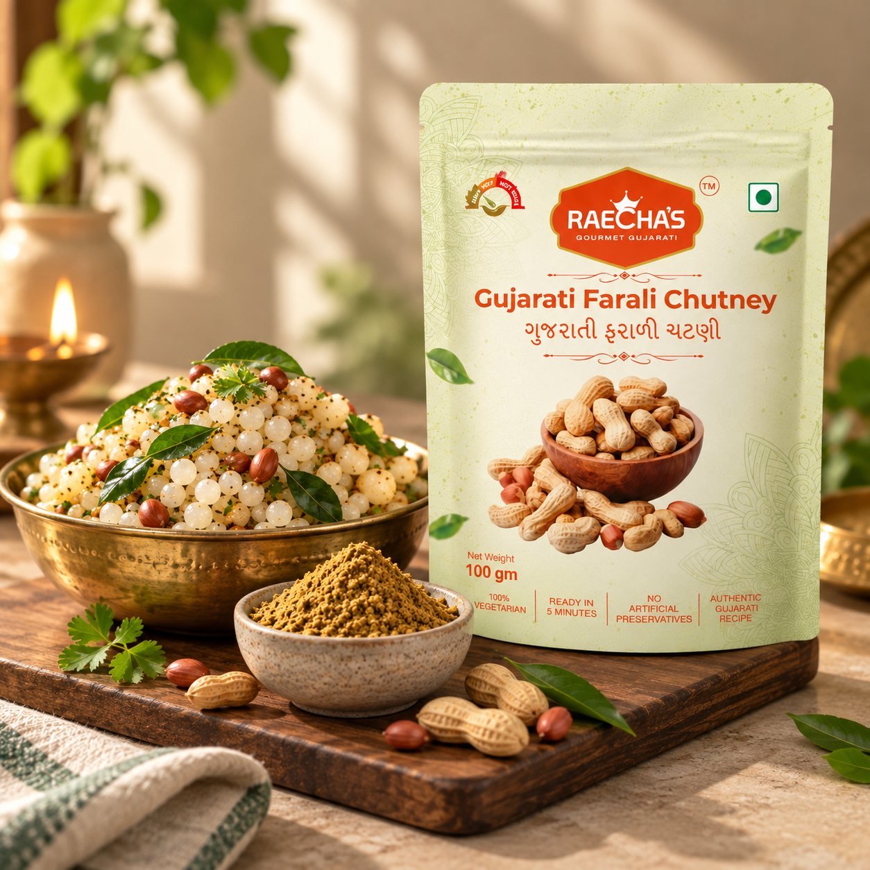 Raecha's Gujarati Farali Chutney pouch beside a bowl of sabudana khichdi and a dish of the ground peanut chutney.
