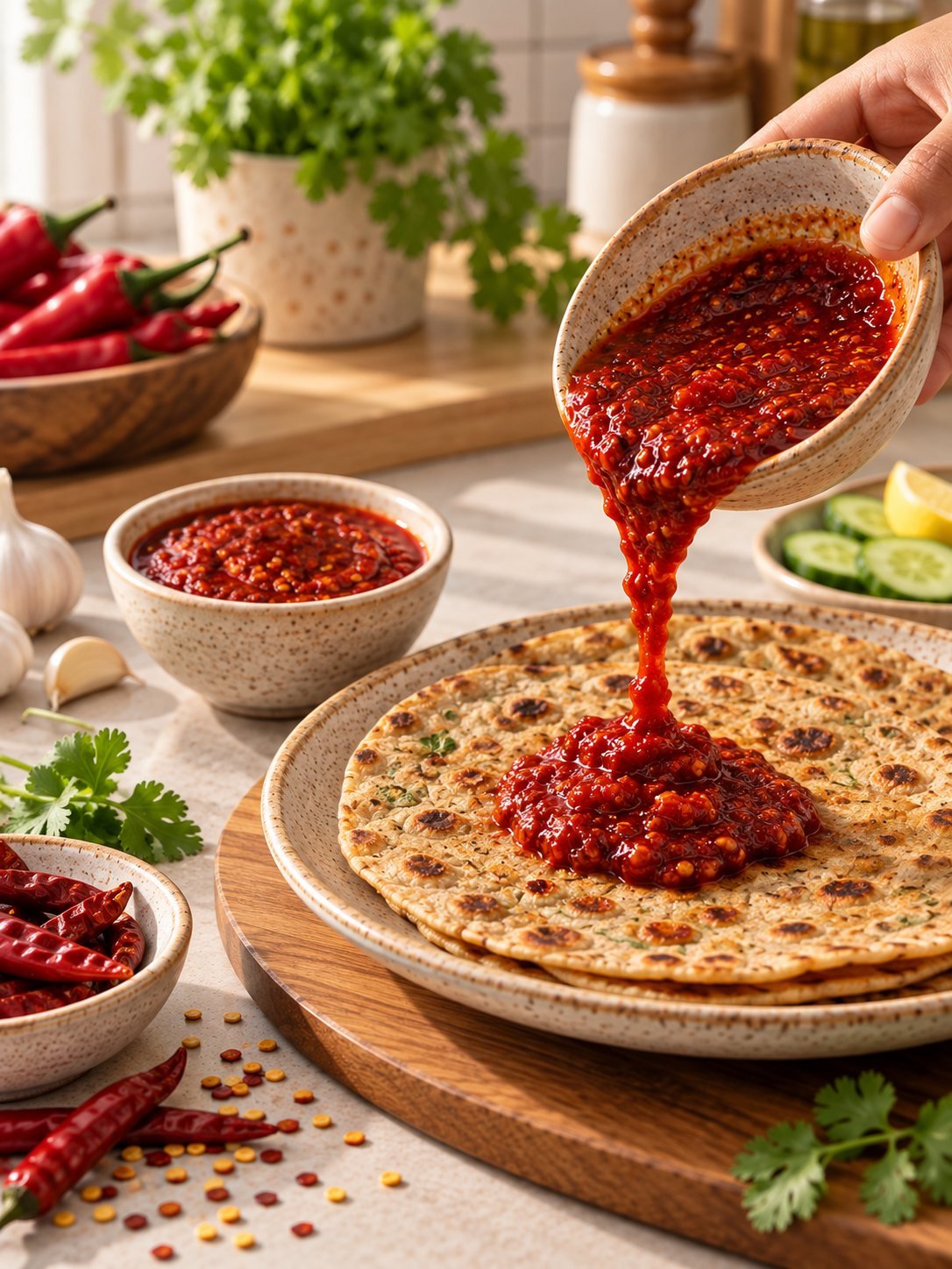 Red chilli chutney being poured over a stack of thepla.