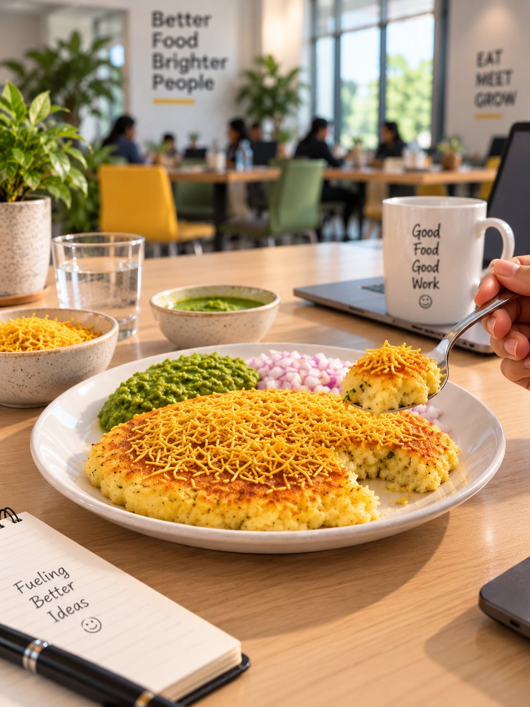 A plate of sev khamani on a desk at work, with a mug and a notebook.